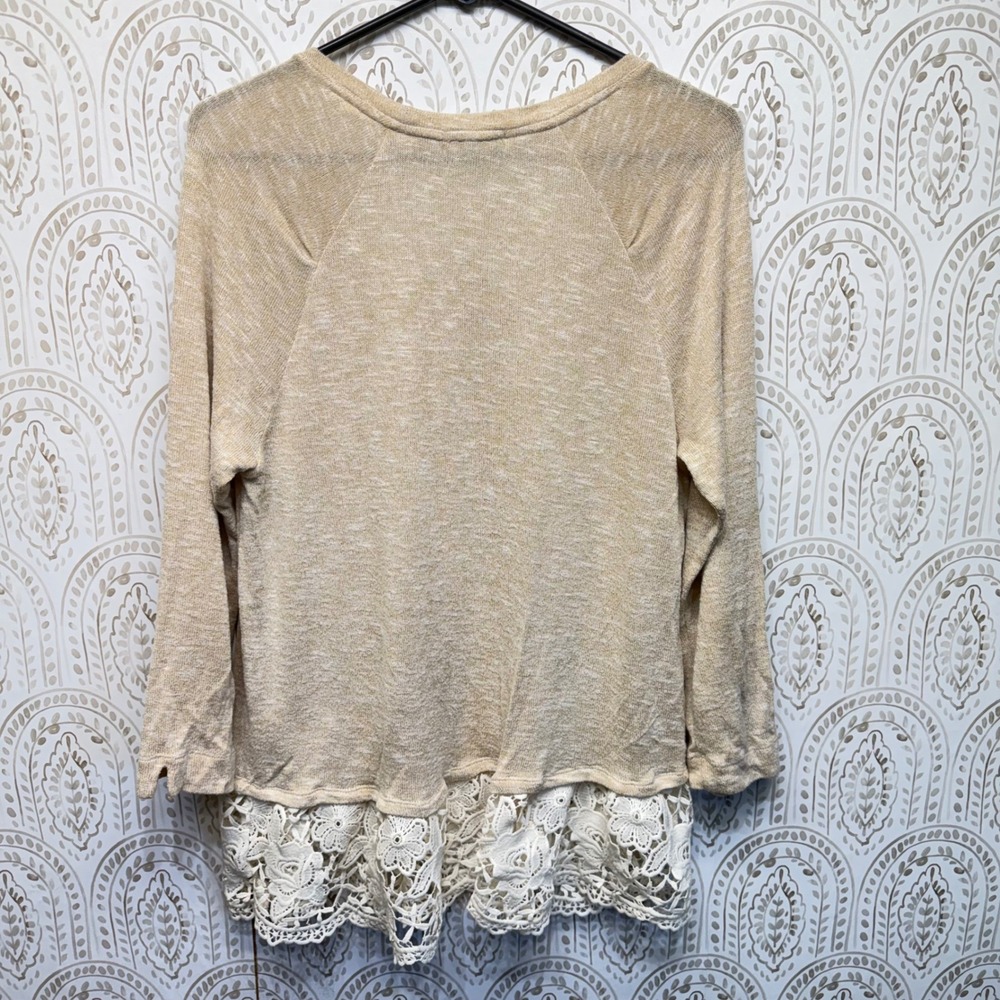 Maurices Crochet Lace Trim Top Womens XL Tan Marled Knit Long Sleeve Boho - Picture 2 of 6
